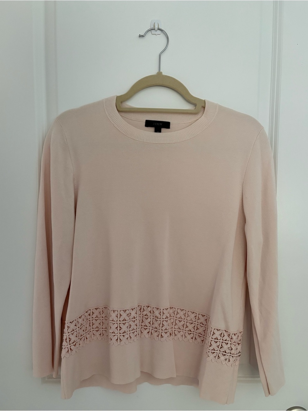 J. Crew Pale Pink Crochet-Hem Cotton Sweater